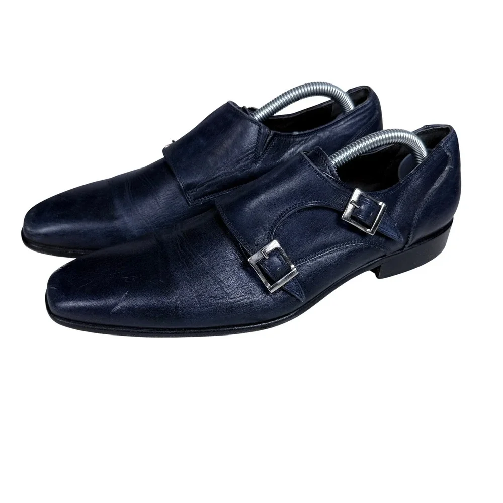 Thompson Double Monk Strap Shoes Mens 42 Navy Blue Leather Blake Italy 6713